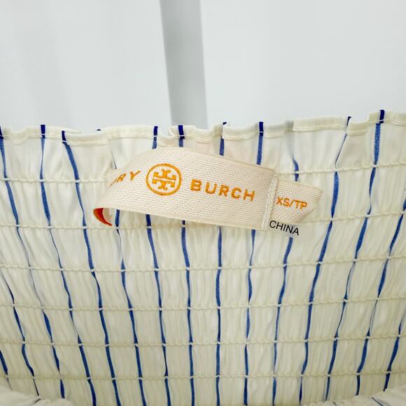 Tory Burch Striped Smocked Midi Dress Blue White XS Cotton Tiered Coastal Preppy - Picture 5 of 9